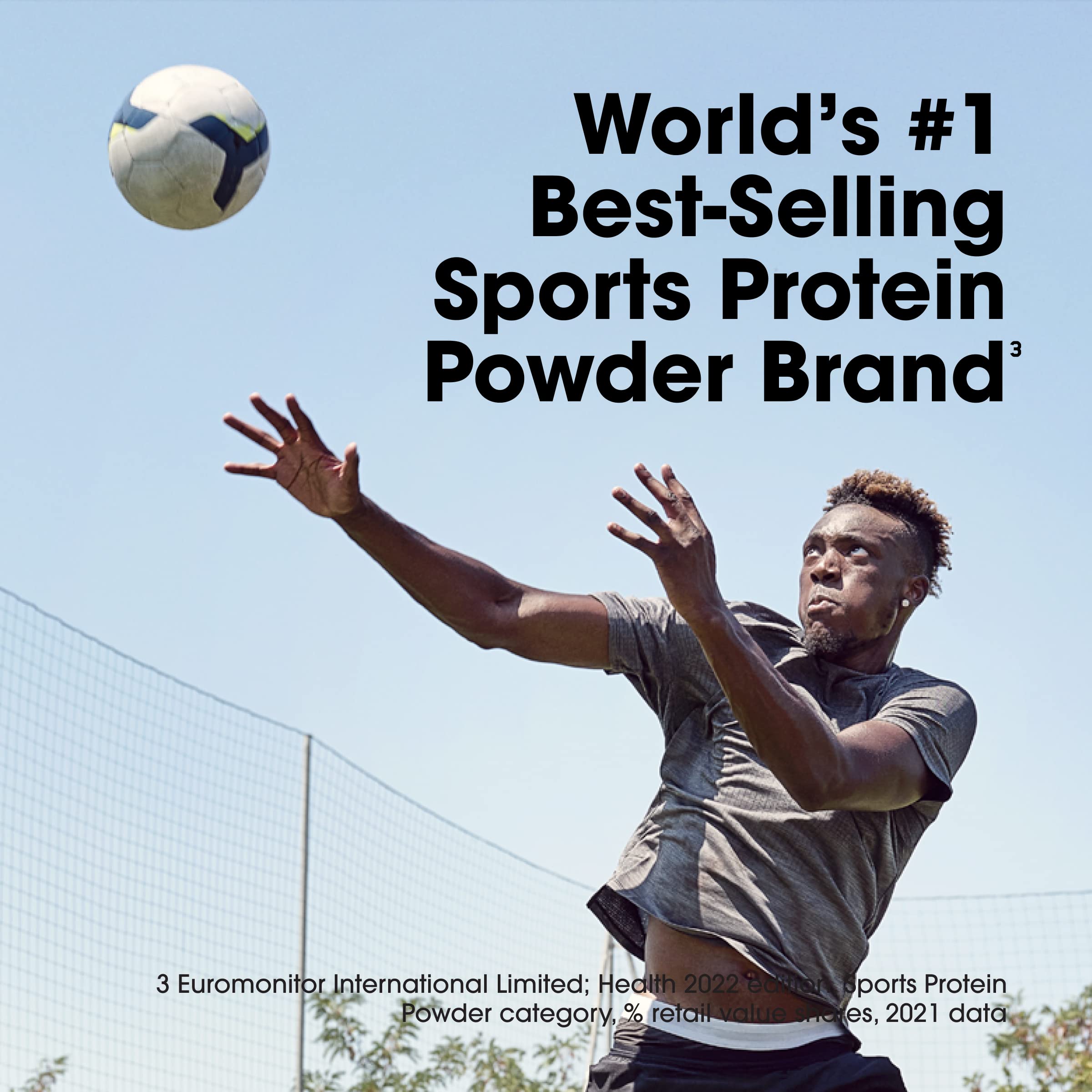 Optimum Nutrition whey protein powder advertisement featuring male outdoor volleyball player jumping to hit ball