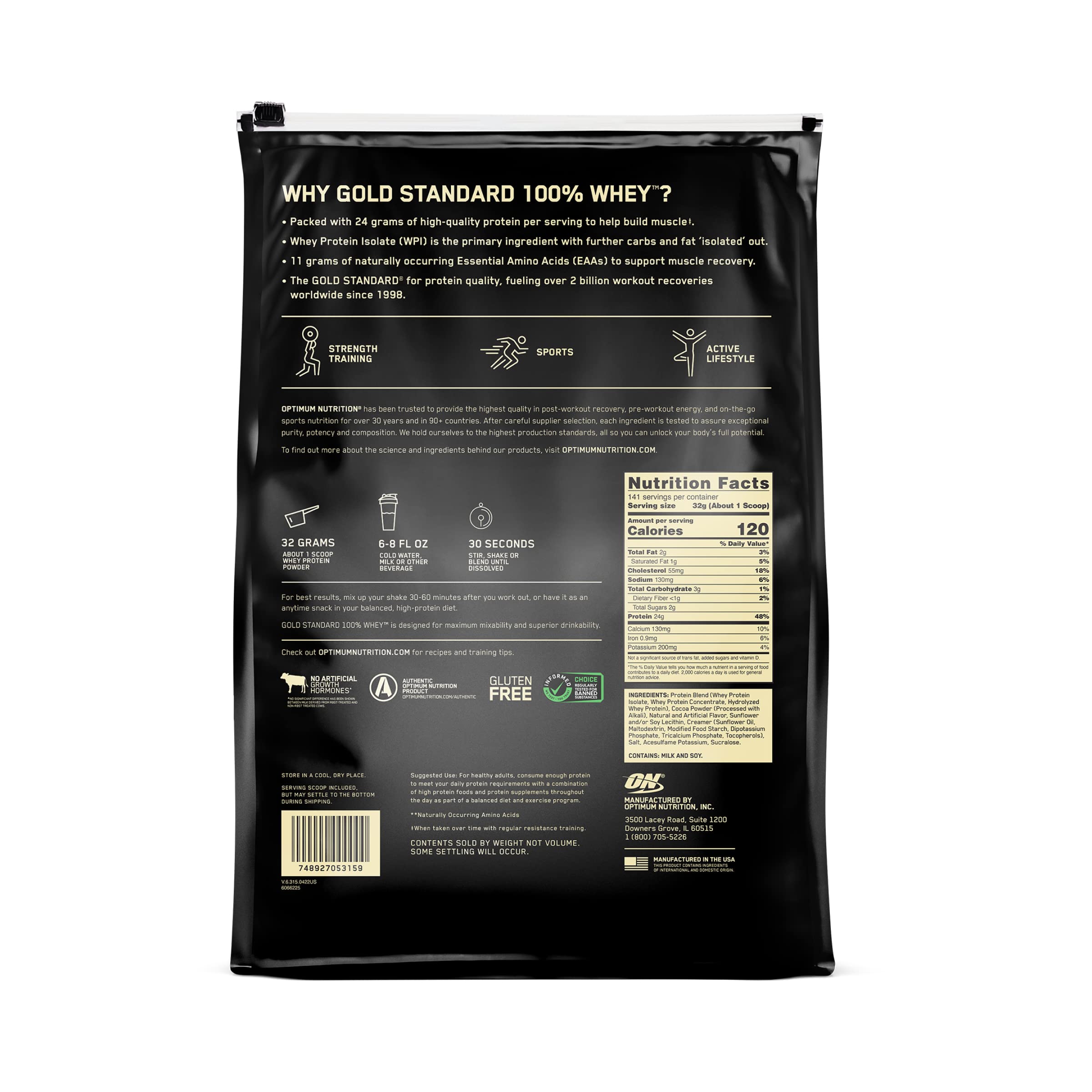 Optimum Nutrition Gold Standard black pouch back label showing nutrition facts and directions for whey protein powder