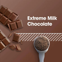 Extreme milk chocolate flavor graphic with chocolate pieces and powder scoop