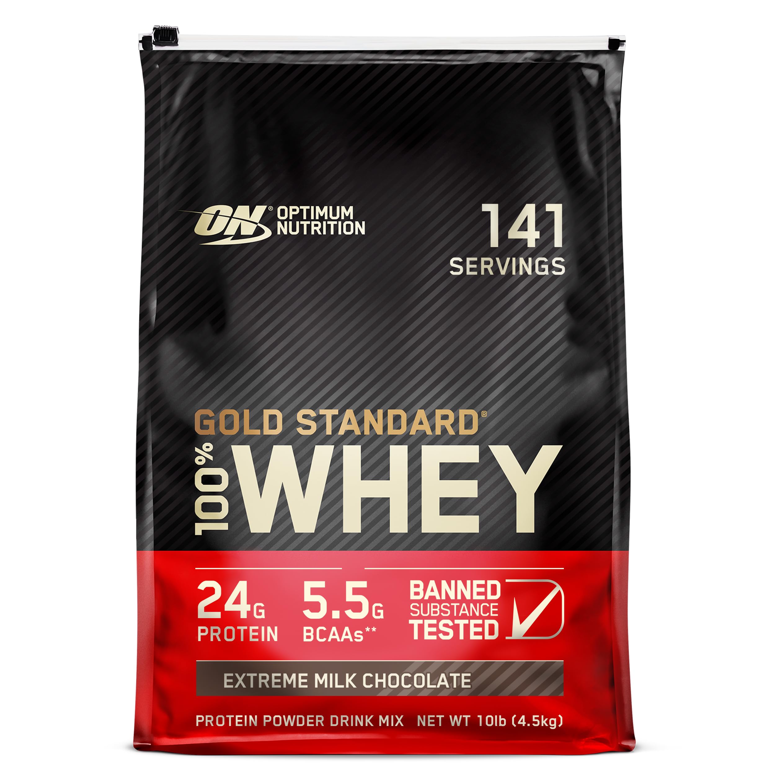 Optimum Nutrition Gold Standard 100 percent whey protein powder 10 lb bag Extreme Milk Chocolate 141 servings