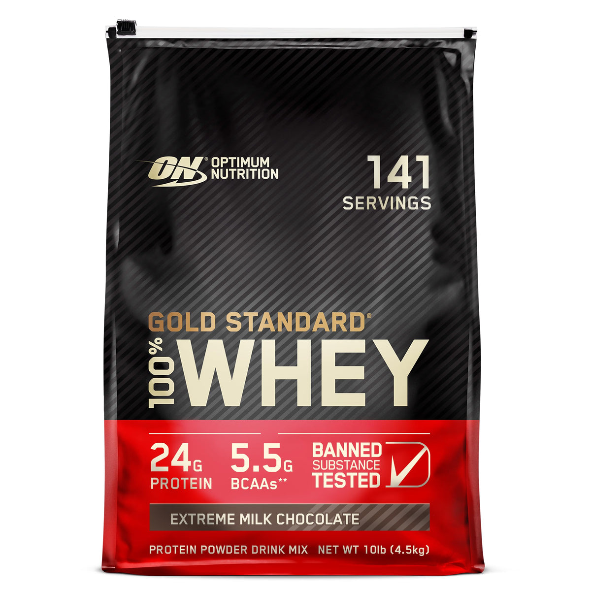 Optimum Nutrition Gold Standard 100 percent whey protein powder 10 lb bag Extreme Milk Chocolate 141 servings