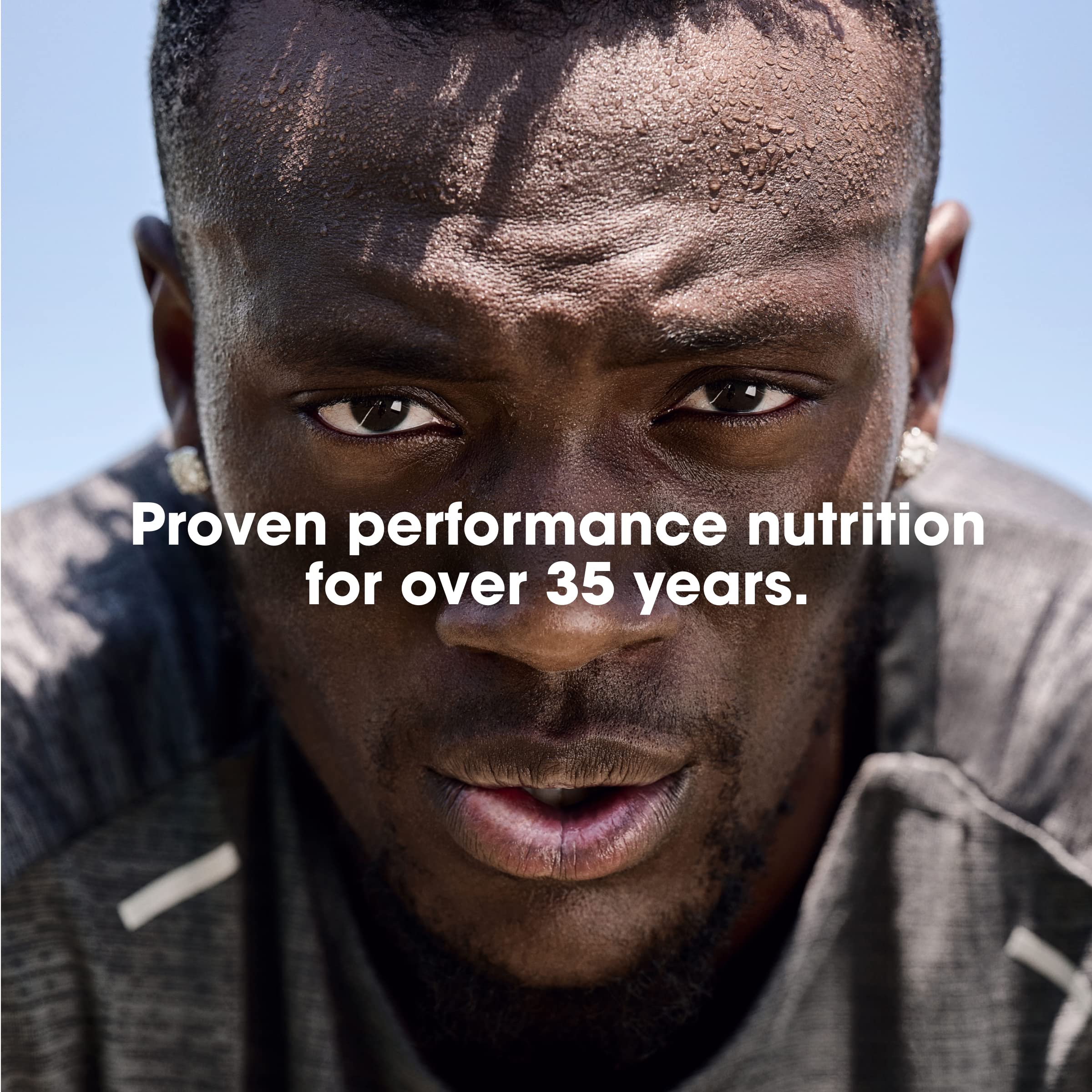 Optimum Nutrition whey protein powder ad showing close up sweaty male athlete face with performance nutrition text