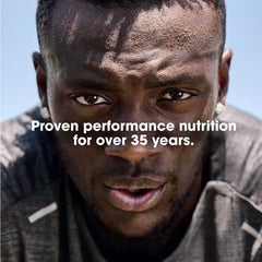 Optimum Nutrition whey protein powder ad showing close up sweaty male athlete face with performance nutrition text