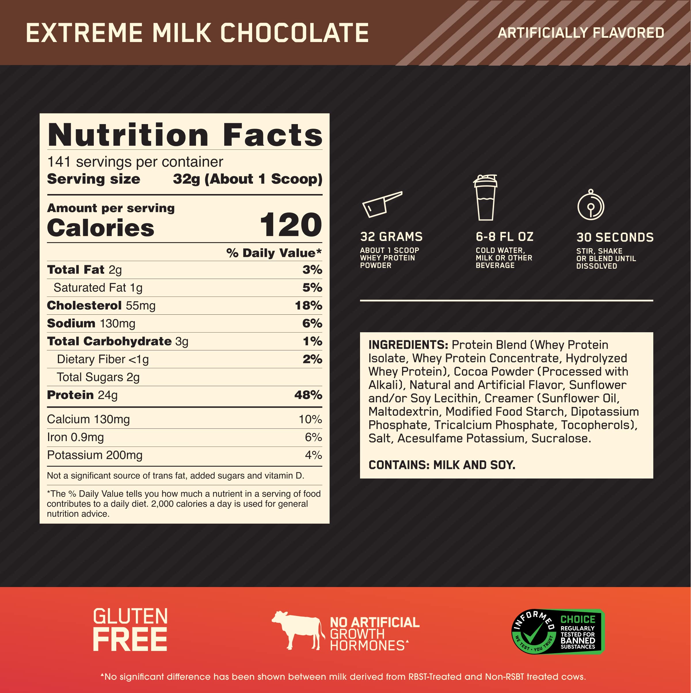 Optimum Nutrition Extreme Milk Chocolate nutrition label for whey protein powder 120 calories per scoop
