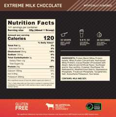 Optimum Nutrition Extreme Milk Chocolate nutrition label for whey protein powder 120 calories per scoop