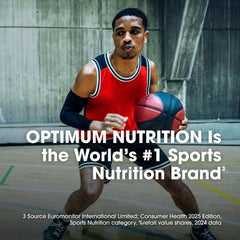 Optimum Nutrition whey protein powder UAE ad featuring a basketball player dribbling on an indoor court