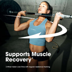 Optimum Nutrition whey protein powder UAE ad showing woman lifting barbell in gym supporting muscle recovery