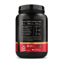 Gold Standard whey protein tub, back label ingredient and benefits information
