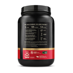 Optimum Nutrition Gold Standard black tub with red and gold label back view showing nutrition facts whey protein powder UAE