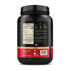 Optimum Nutrition whey protein powder UAE black tub back view showing nutrition facts and red gold label