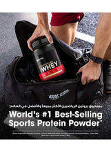 Whey protein tub and pouch held in hands, dark chocolate flavor