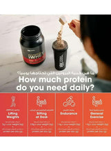 Whey protein tub with scoop raised over shaker cup
