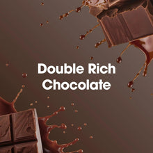 Double Rich Chocolate flavor graphic with chocolate pieces and cocoa splash