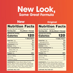 Optimum Nutrition whey protein powder UAE nutrition facts comparison showing new vs original labels