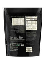 Whey protein powder pouch back panel with nutrition facts and ingredient text