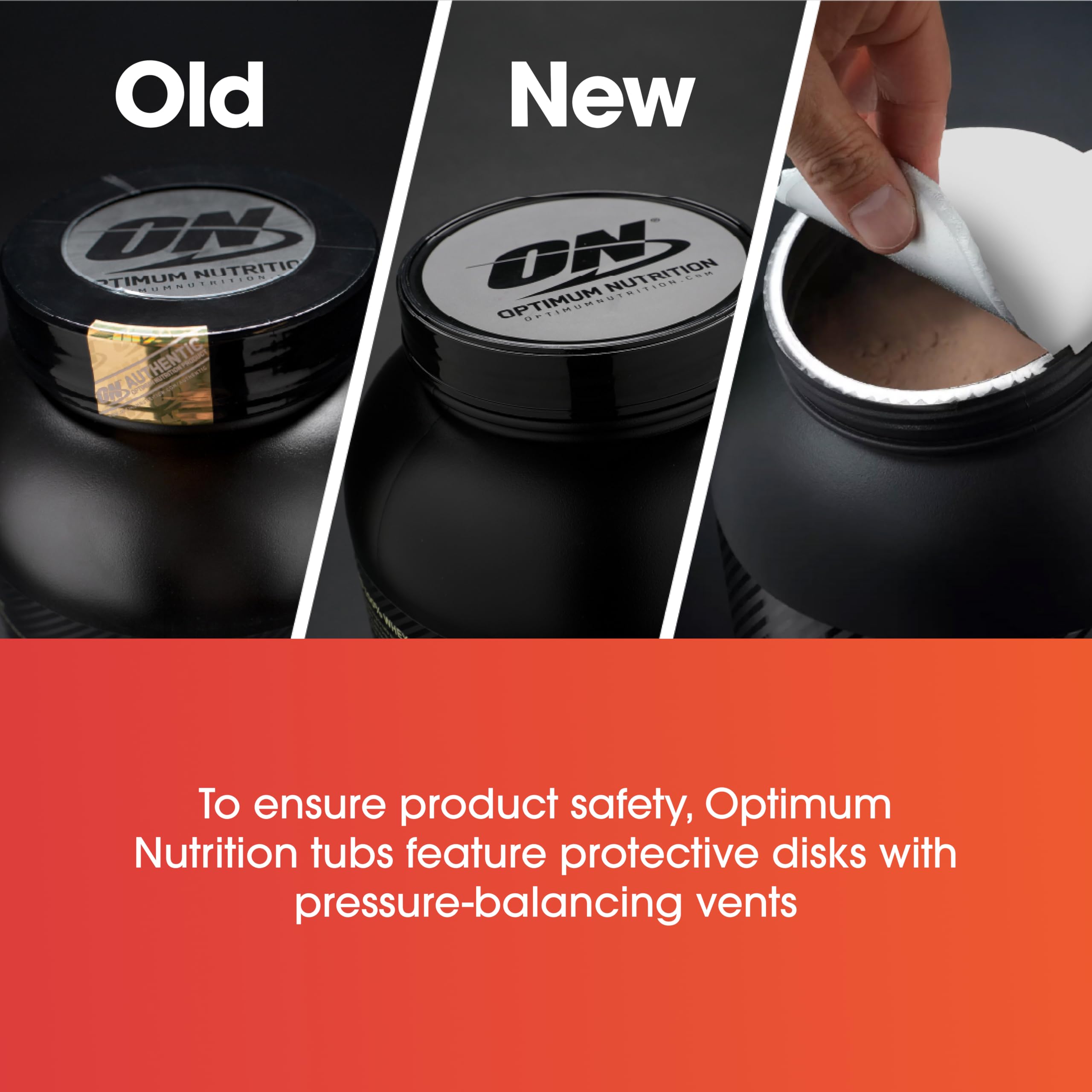 Optimum Nutrition tubs showing old and new protective disk seals with peel open view for whey protein powder UAE safety