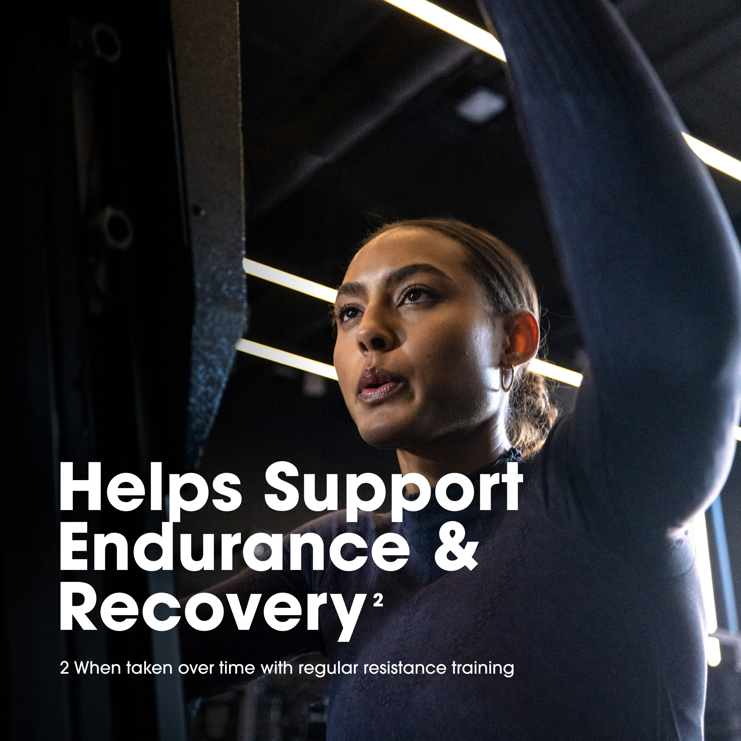 Optimum Nutrition whey protein powder ad showing woman lifting weights promoting endurance and recovery