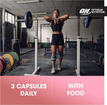 Optimum Nutrition Opti-Women multivitamin ad with woman lifting weights, 3 capsules daily