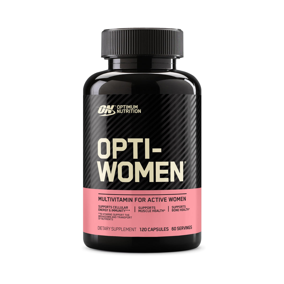 Optimum Nutrition Opti Women black bottle with pink label women's multivitamin supplement 120 capsules