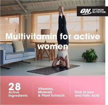 Optimum Nutrition Opti-Women multivitamin ad with woman yoga pose, 28 active ingredients