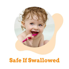 Child brushing teeth with pink toothbrush, Safe if Swallowed label