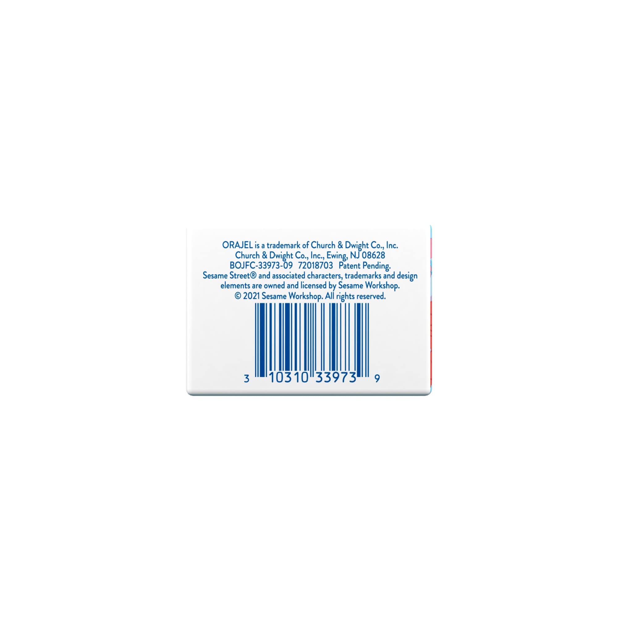 Orajel box back showing barcode and product information for fluoride free kids toothpaste