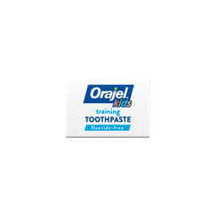 Orajel Kids training toothpaste box in white and blue labeled fluoride free for toddlers fluoride free kids toothpaste