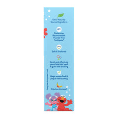 Orajel Sesame Street box side panel with Elmo and Abby pediatric claims and fluoride free kids toothpaste