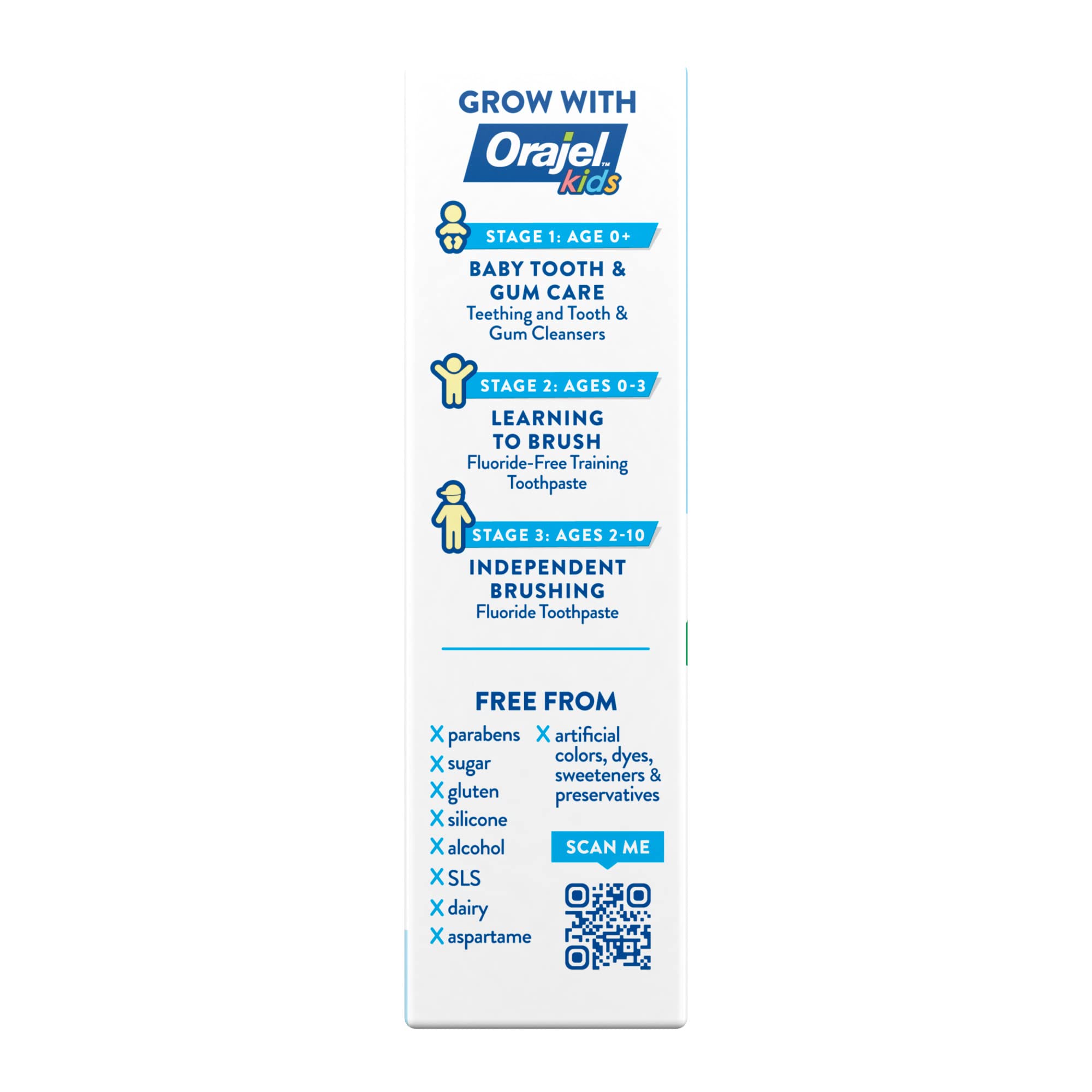 Orajel back panel showing Grow With Orajel stages age guide and free from list for fluoride free kids toothpaste