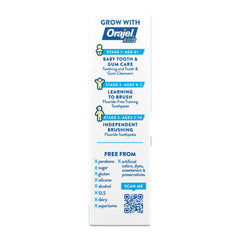 Orajel back panel showing Grow With Orajel stages age guide and free from list for fluoride free kids toothpaste