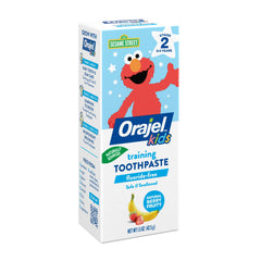 Orajel kids training toothpaste Sesame Street Elmo stage 2 banana berry flavor fluoride free kids toothpaste safe if swallowed