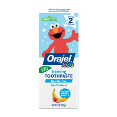 Orajel kids training toothpaste box with Elmo Sesame Street Stage 2 natural berry flavor fluoride free kids toothpaste