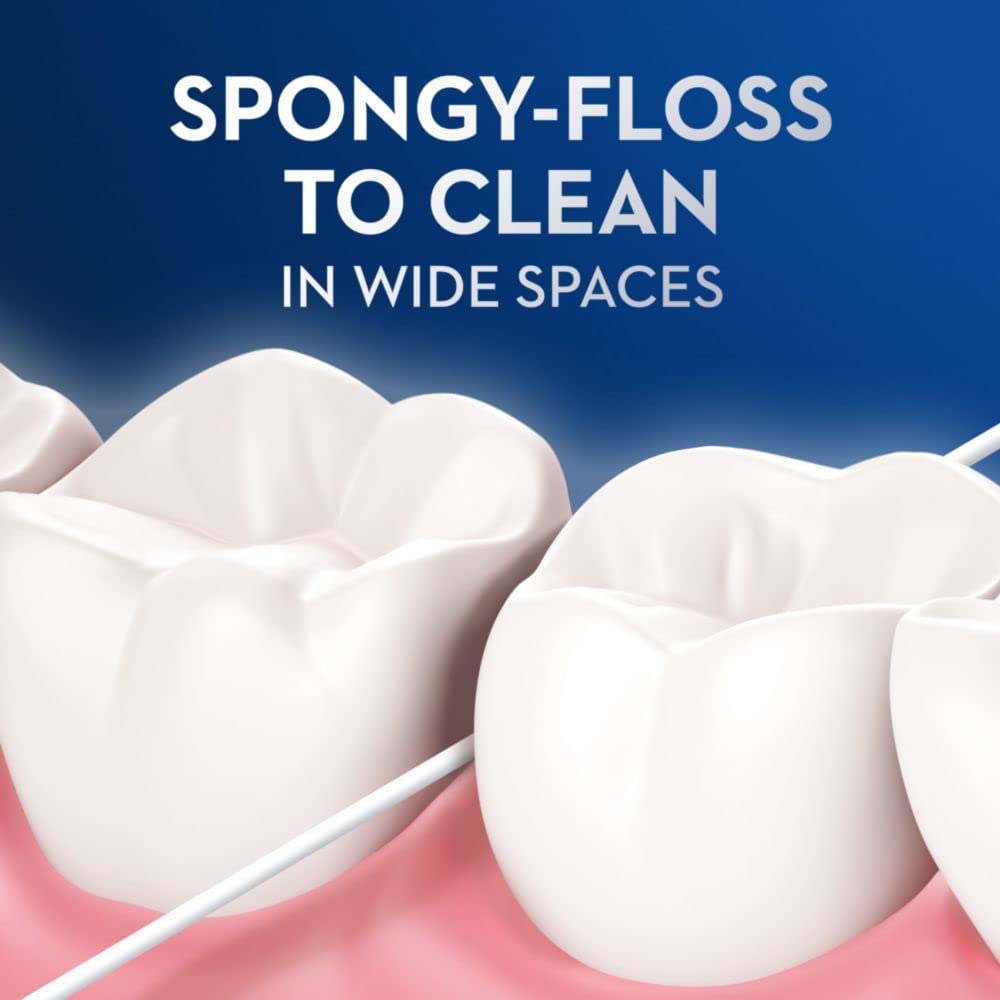 Spongy floss thread cleaning wide spaces between molars dental floss for braces demonstration