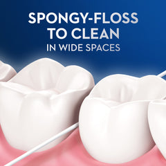 Oral B spongy dental floss for braces cleaning wide spaces between molars close up teeth