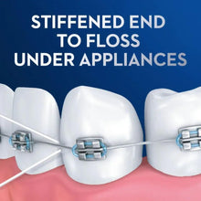 Stiffened dental floss strand shown under orthodontic appliances