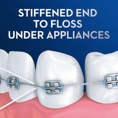 Close up illustration of teeth with metal braces and stiffened end dental floss for braces threaded under wire