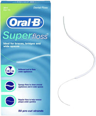 Oral B Superfloss mint box and pre cut strand showing stiffened end and spongy section dental floss for braces
