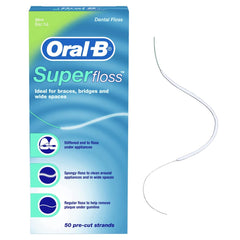 Oral B Superfloss mint dental floss for braces pre cut 50 strands box ideal for braces bridges wide spaces