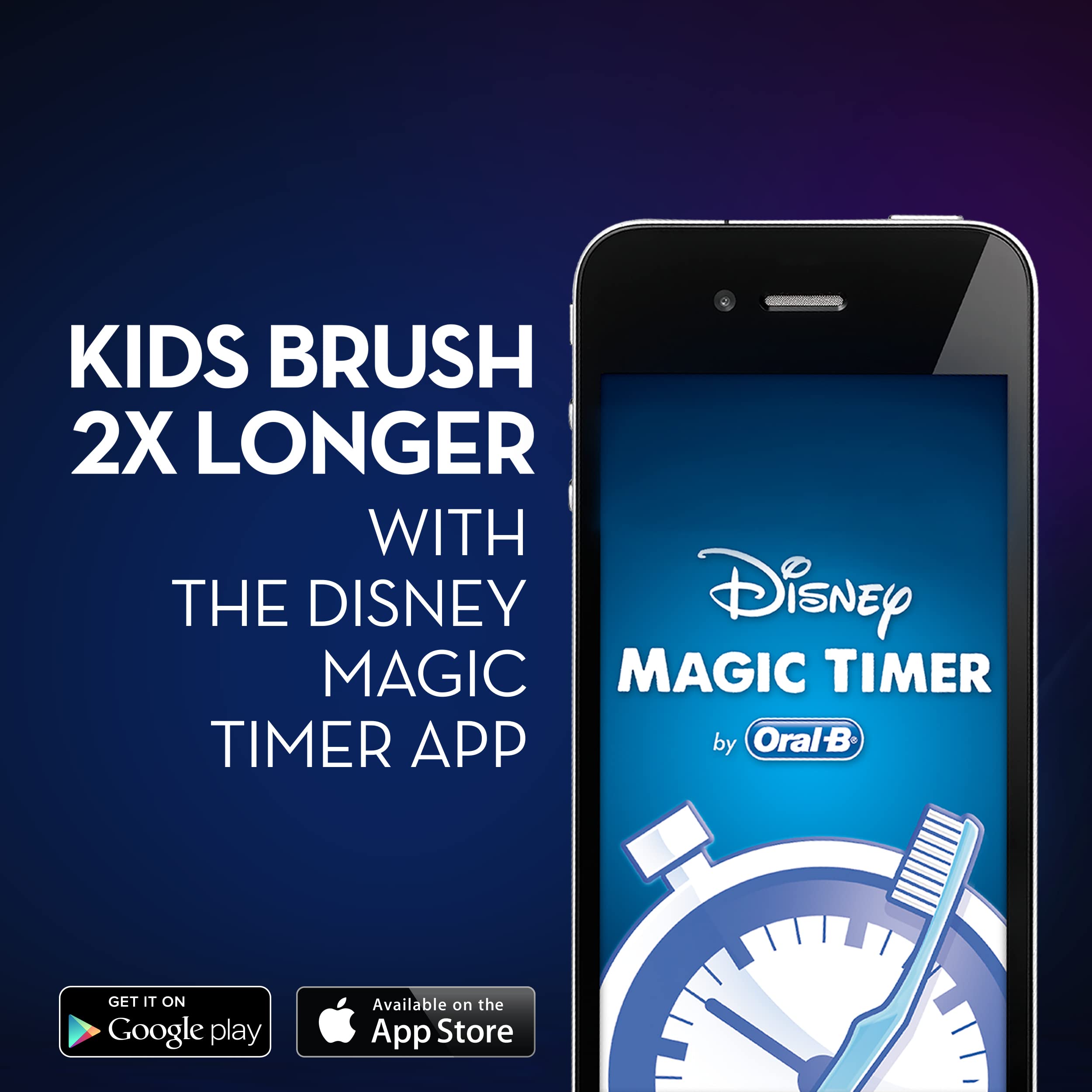 Oral B Disney Magic Timer app on smartphone promoting kids electric toothbrush UAE with app store badges