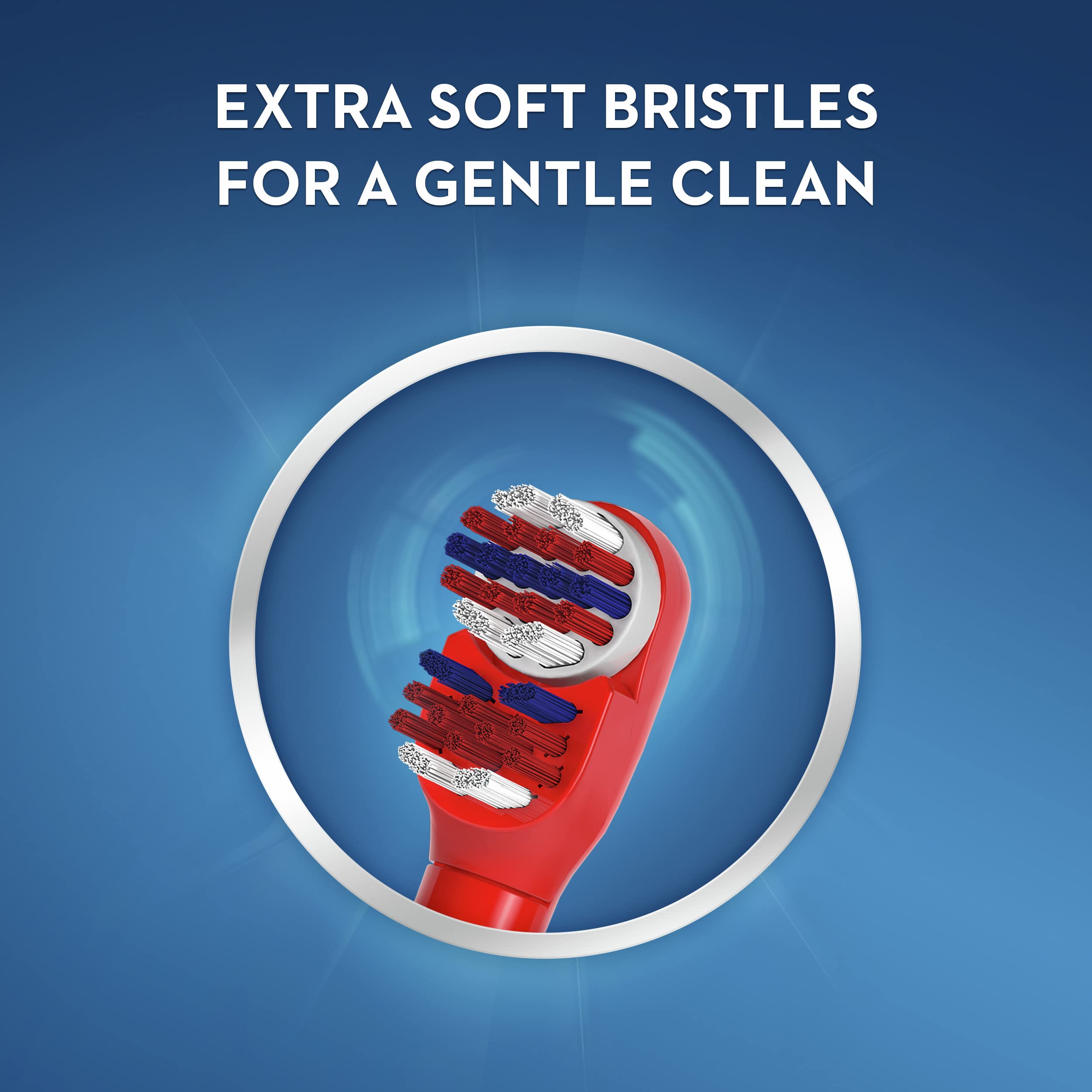 Oral B kids electric toothbrush UAE red brush head close up showing extra soft blue and white bristles