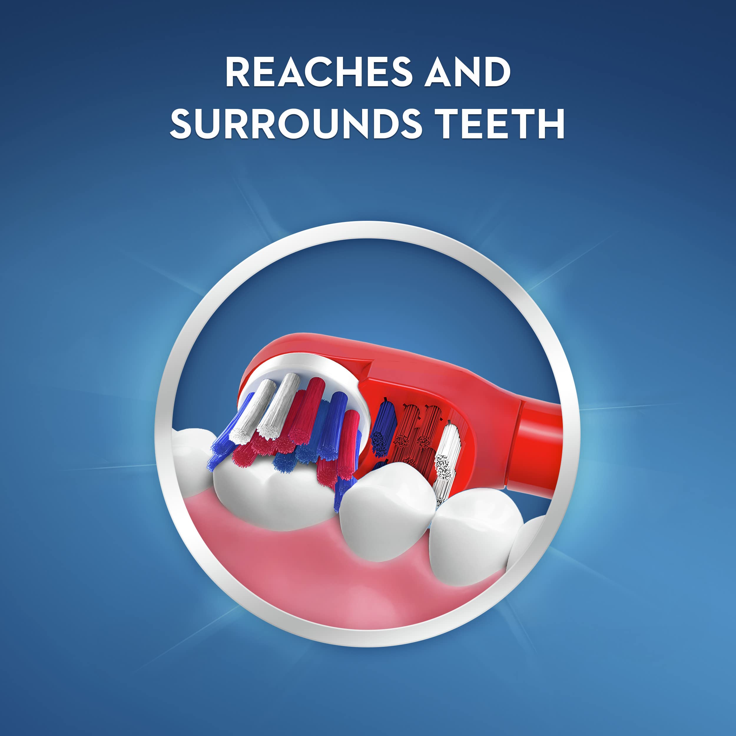 Oral B red kids electric toothbrush UAE close up of brush head reaching and surrounding molars and gums
