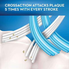 Oral-B 3DWhite Whitening Therapy Toothbrush close up of blue and white crossaction bristles removing plaque from tooth surface