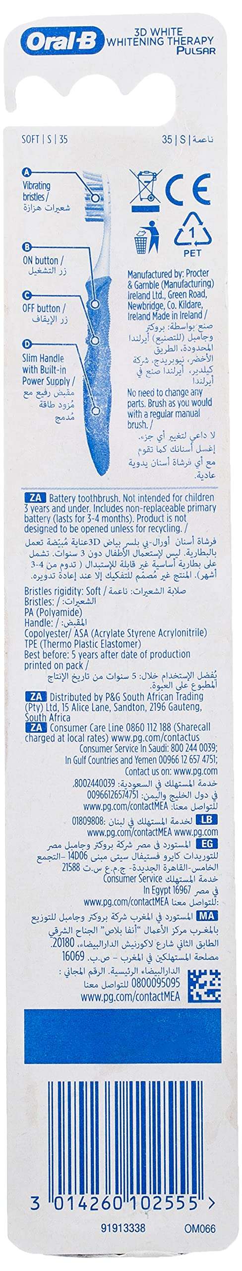 Back packaging of Oral-B 3DWhite Whitening Therapy Toothbrush showing instructions warranty icons barcode and blue handle