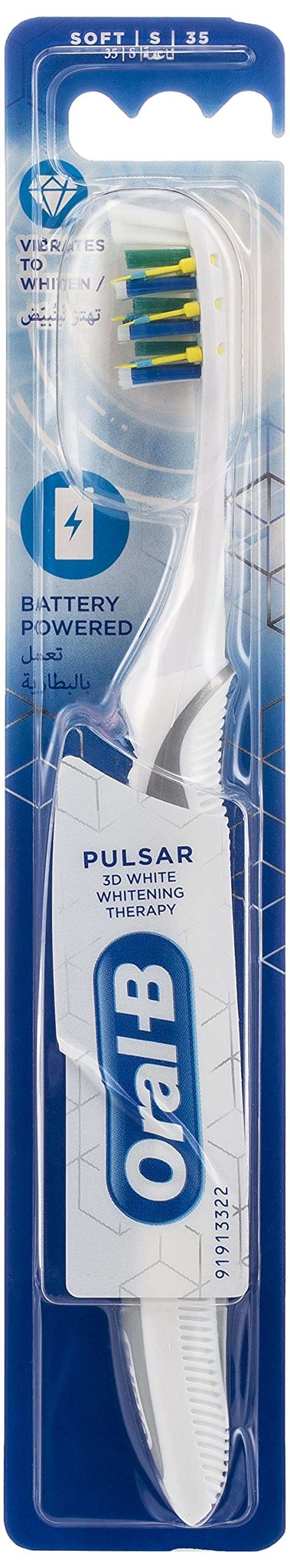 Oral-B 3DWhite Whitening Therapy Toothbrush packaged in blue blister pack battery powered white handle with replaceable brush head