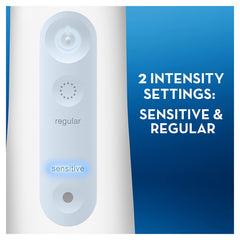 Oral-B Aquacare water flosser control panel showing two intensity settings sensitive and regular with sensitive lit