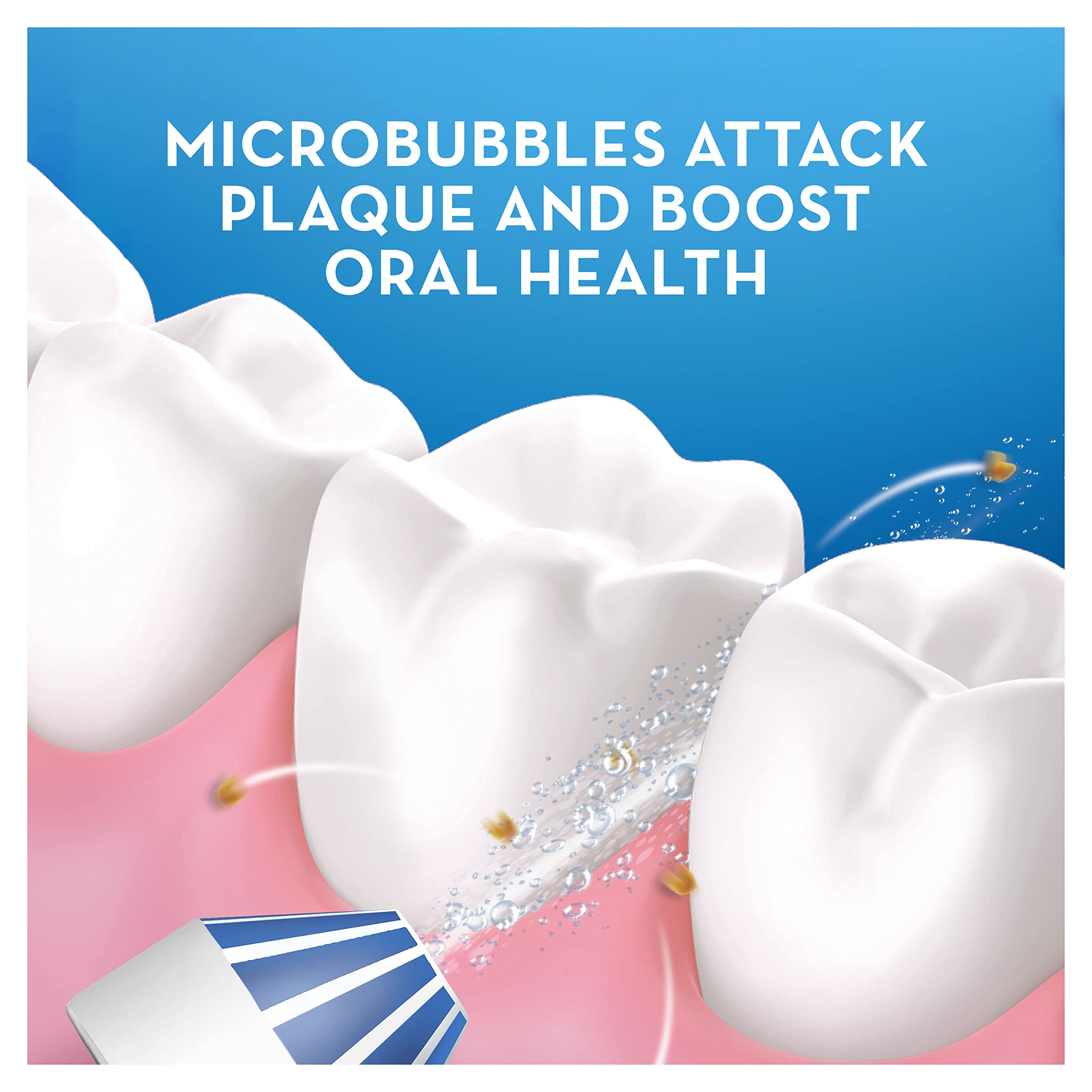 Oral-B Aquacare water flosser nozzle spraying microbubbles to remove plaque between molars