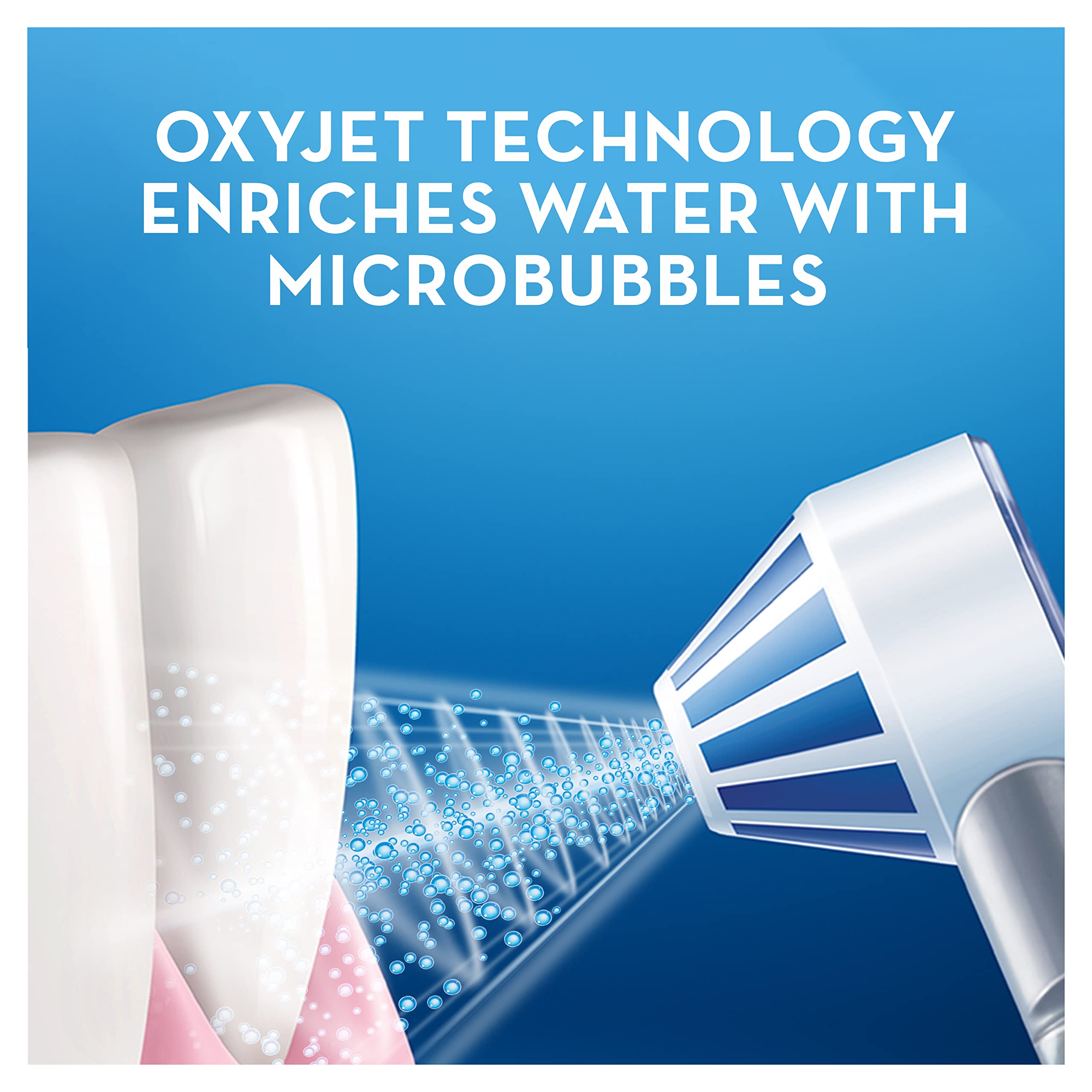 Oral-B Aquacare water flosser demonstrating oxyjet microbubble spray cleaning between teeth