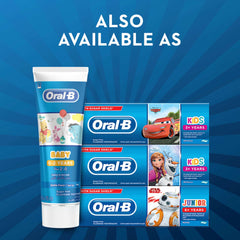 Oral-B baby toothpaste 0-2 years tube with baby animal design beside assorted Oral-B kids toothpaste boxes