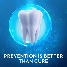 Toothpaste prevention graphic with white tooth illustration on blue glow