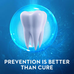 Oral-B baby toothpaste 0-2 years promotional image with glowing tooth graphic and prevention message
